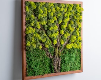 Preserved Moss Wall Art, Tree Bark Wood Decor, Wooden Panel, Housewarming Gifts, Rustic Wall Accent