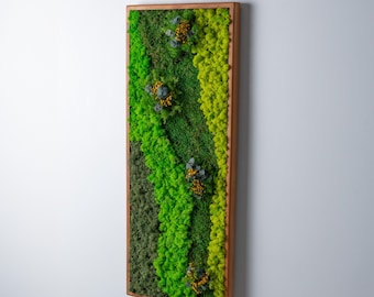 Preserved Moss Wall Art, Wood Home Decor, Rustic Panel with Dried Flowers, New Apartment Gifts