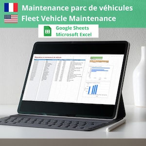May include: A laptop computer screen displaying a spreadsheet with the title "Réparations et maintenance de véhicule". The spreadsheet includes columns for date, vehicle, description, and cost. The spreadsheet also includes two charts, one showing the number of repairs by month and the other showing the total cost of repairs by year.