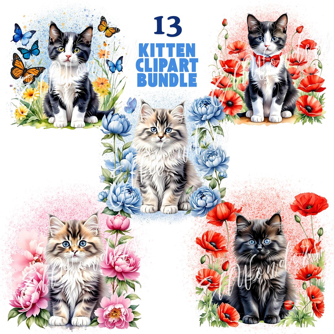 Kitten PNG Bundle, Watercolor Kitten Clipart, Clipart Bundle, Cat Lover ...