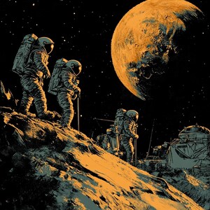 Puede incluir: Tres astronautas con trajes espaciales blancos caminan sobre una superficie rocosa de color naranja. Un gran planeta naranja es visible en el fondo. Los astronautas llevan herramientas y equipo.