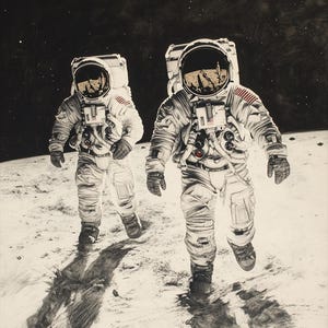 Puede incluir: Dos astronautas con trajes espaciales blancos caminan sobre la superficie de la luna. Los astronautas llevan cascos con viseras que reflejan el paisaje circundante. La superficie de la luna es gris y rocosa, con cráteres y sombras.