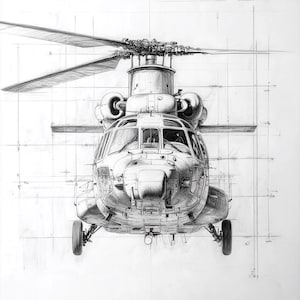Peut inclure: Un dessin au crayon noir et blanc d'un hélicoptère. L'hélicoptère est dessiné en détail, avec les pales du rotor principal, le cockpit et le train d'atterrissage clairement visibles.