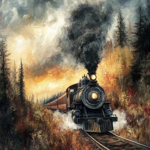 May include: A vintage steam locomotive train chugs through a forest, billowing smoke against a dramatic cloudy sky. The train is traveling on a single track, with lush green trees and golden foliage lining the sides.