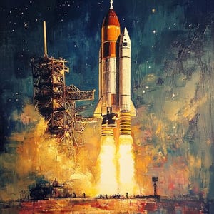 May include: A painting of a rocket launching from a launchpad. The rocket is white with orange accents and is surrounded by a bright orange and yellow glow. The sky is dark blue with white stars.