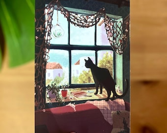 Window Watcher - Black cat art print - 4x6" postcard