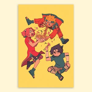 May include: Three anime characters, Naruto, Sasuke, and Sakura, are enjoying a bowl of ramen together. Naruto is upside down, holding the bowl of ramen, while Sasuke and Sakura are sitting on the ground, reaching for the ramen. The background is a bright yellow color.