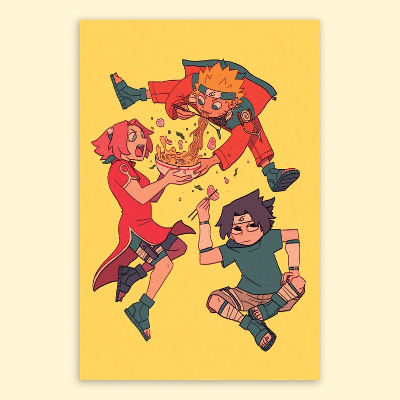 May include: Three anime characters, Naruto, Sasuke, and Sakura, are enjoying a bowl of ramen together. Naruto is upside down, holding the bowl of ramen, while Sasuke and Sakura are sitting on the ground, reaching for the ramen. The background is a bright yellow color.