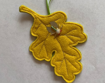 Felt Oak Leaf Ornament with Jeweled Insect, Hand Sewn, Hand Beaded