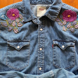 Hand Embroidered Yoke Floral Design on Denim Shirt,  Men&#39;s Levi&#39;s Denim Shirt