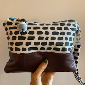 Handmade Burgundy Leather and Black & White Linen Clutch, Fun Carryall