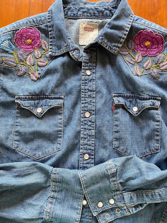 Hand Embroidered Yoke Floral Design on Denim Shirt, Men's Levi's Denim Shirt  - Etsy