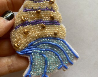 Beaded Conch Shell Brooch, Schlumberger Inspired Handmade Pin