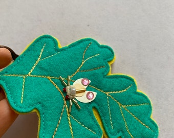 Felt Oak Leaf Ornament with Jeweled Insect, Hand Sewn, Hand Beaded