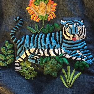 Hand Embroidered Blue Tiger Jean Jacket, Large size Women's Denim Embroidered