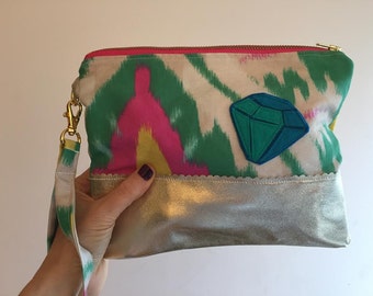 Handmade Applique Gold Leather and Ikat Linen Clutch,  Colorful Fun Disco Bag, Evening Purse, Vacation Carryall