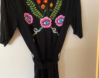 Hand Embroidered Floral Design on Dress,  Knit Black Dress with Sash