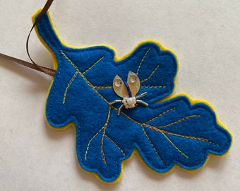 Felt Oak Leaf Ornament with Jeweled Insect, Hand Sewn, Hand Beaded