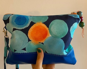 Handmade Leather and Eco Canvas Clutch,  Colorful Fun Carryall