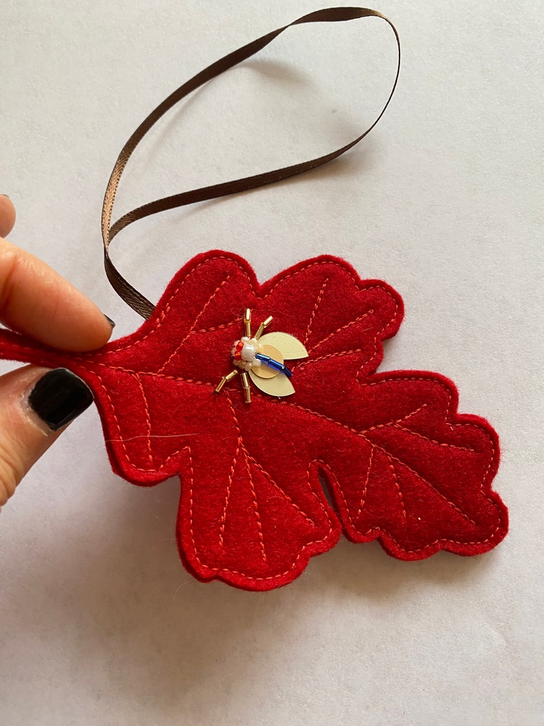 Felt Oak Leaf Ornament with Jeweled Insect, Hand Sewn, Hand Beaded image 1
