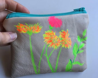 Painted Chrysanthemums,  Flowers on Leather Zipper Pouch, Hand Painted, Soft Lamb Leather, Linen Lined Wallet