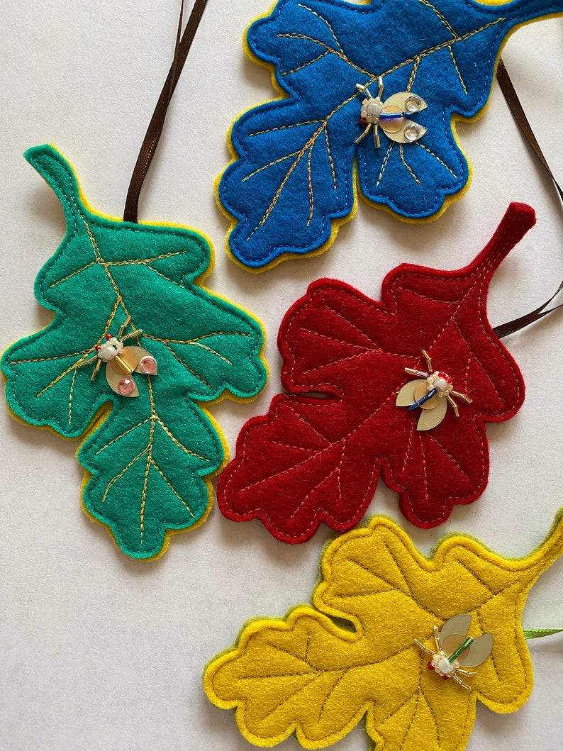 Felt Oak Leaf Ornament with Jeweled Insect, Hand Sewn, Hand Beaded image 3