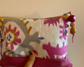 Handmade Leather and Linen Clutch,  Colorful Fun Carryall