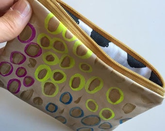 Abstract Dots Painted Leather Zipper Pouch, Hand Painted, Soft Lamb Leather, Linen/Cotton Lined Wallet