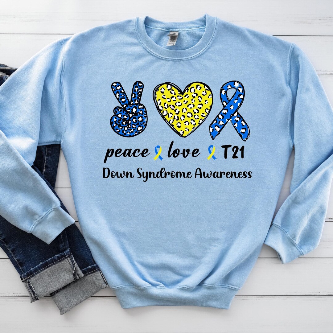 Peace, Love, T21 Down Syndrome Awareness Shirt, Blue and Yellow Ribbon ...