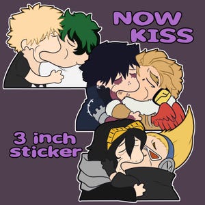 May include: A 3-inch sticker featuring three sets of cartoon characters kissing. The sticker has the text "NOW KISS" and the words "3 inch sticker" in purple. The background is a solid purple color.