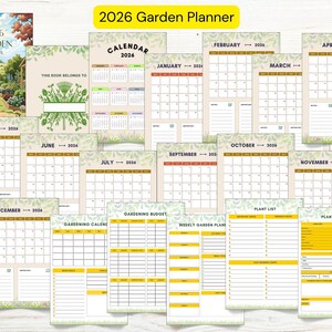 May include: A 2026 Garden Planner with a cover illustration of a garden scene. The planner includes monthly calendars, plant lists, and gardening budget pages. The text "2026 Garden Planner" is displayed at the top.