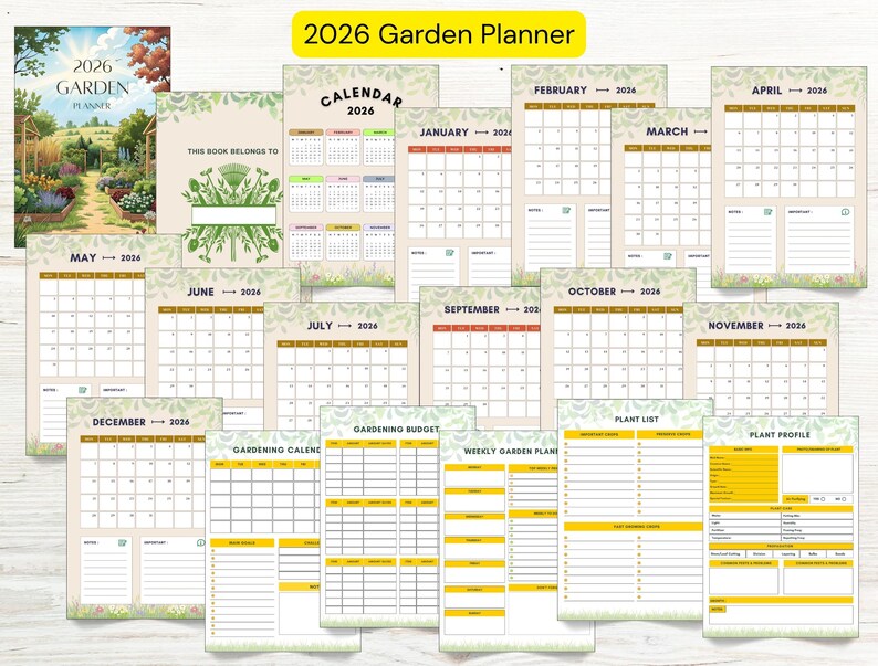 May include: A 2026 Garden Planner with a cover illustration of a garden scene. The planner includes monthly calendars, plant lists, and gardening budget pages. The text "2026 Garden Planner" is displayed at the top.
