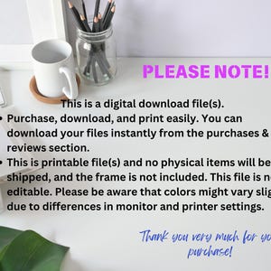 May include: A white mug on a wooden coaster, a jar of pencils, and a keyboard are on a white surface. Text in the image reads "PLEASE NOTE!" and details about digital downloads. The text also says "Thank you very much for your purchase!"