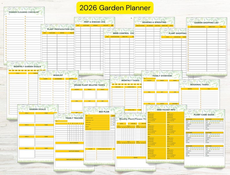 May include: A collection of printable garden planner pages for 2026, featuring checklists, logs, and guides. The pages have a white background with yellow and green accents. Titles include "Garden Cleaning Checklist," "Pest & Disease Log," and "Seed Packet Info."