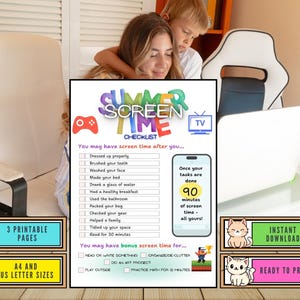 Könnte beinhalten: Eine druckbare Sommer-Bildschirmzeit-Checkliste mit farbigem Text, einer Smartphone-Grafik und Kontrollkästchen für tägliche Aufgaben. Das Dokument enthält Abschnitte für erforderliche Aktivitäten und Bonuszeit mit niedlichen Katzenillustrationen.