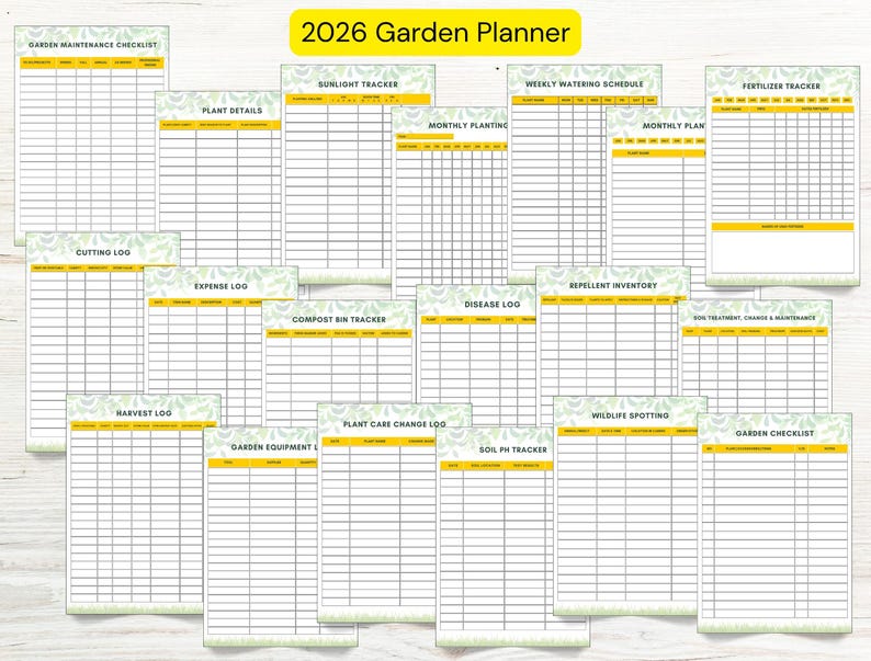 May include: A collection of printable 2026 Garden Planner pages. The pages include checklists, logs, and trackers for various gardening tasks, such as sunlight, planting, watering, and expenses. The pages have a white background with yellow and green accents.