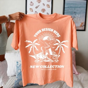Comfort Colors 1717 Neon Cantaloupe Shirt Mockup | CC1717 Peach Mock Up | Boho Summer Mock | Tshirt Dress Mock | Real Model Boho POD