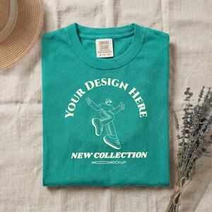 Comfort Colors 1717 Island Green Mockup | C1717 Folded Flatlay T-Shirt Mockup | Tropical Green Nature Boho Summer Aesthetic | POD Download