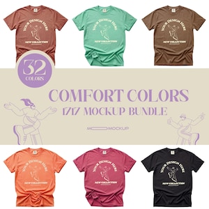 Peut inclure: Un lot de six t-shirts à manches courtes dans diverses couleurs, notamment terre cuite, vert menthe, marron, orange, magenta et noir. Chaque t-shirt présente un motif central avec le texte "YOUR DESIGN HERE" et "NEW COLLECTION".