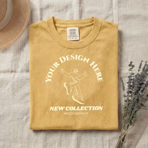 Comfort Colors 1717 Butter Mockup | C1717 Folded Flatlay T-Shirt Mockup | Soft Yellow Aesthetic Bridal Spring Minimal | POD Instant Download
