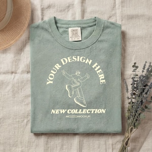 Comfort Colors 1717 Bay Mockup | C1717 Folded Flatlay T-Shirt Mockup | Dusty Blue Boho Nature Aesthetic | POD Instant Download