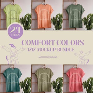 May include: A digital mockup bundle featuring six short-sleeve t-shirts in lime green, peach, sage green, teal, olive, and coral. Each shirt displays the text YOUR DESIGN HERE NEW COLLECTION. The graphic includes 24 COLORS COMFORT COLORS 1717 MOCKUP BUNDLE.