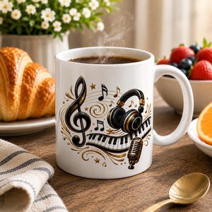 音楽好きのためのコーヒーマグカップ｜ミュージシャンへのギフト｜DJ用コーヒーカップ｜ピアノとヘッドホンのマグカップ｜歌手、プロデューサー、音楽教師へのギフト