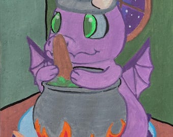 ACEO-Originalkunstwerk: Lila Drache braut Trank (2,5 x 3,5 Zoll)