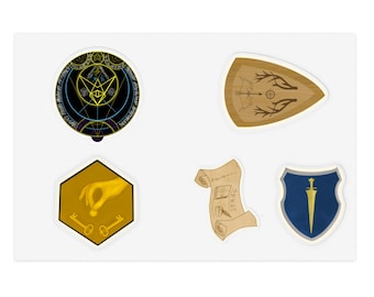 Aufkleberbogen mit Fantasy-RPG-Emblemen: Schild, Gildenwappen, Siegel, Magischer Kreis, Klassenaufkleber