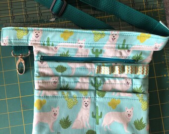 Belted RN Scrub Pocket, Zipper Pocket, And Elastic Instrument in Choice of White German Shepherd Fabric