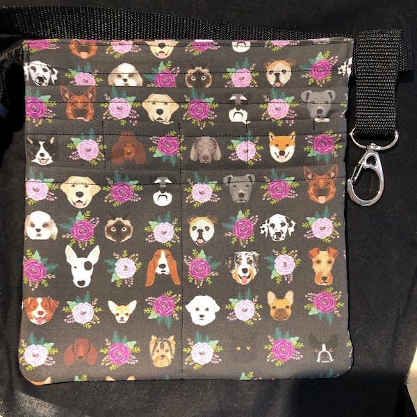 Vet Tech Scrub Pocket, Treat Pouch, Belt Optional With Zipper Pocket and Swivel Hook Cats and Dogs Heads Floral Fabric