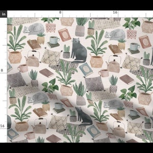 May include: A seamless pattern featuring a white background with a repeating design of cats, plants, books, teapots, and mugs. The pattern is in shades of green, brown, and gray.