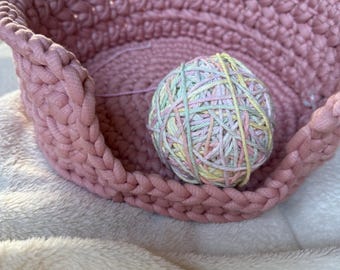 Rose Pink, Crochet Storage Basket, Small Pet Bed, Cat Bed, Toy Animal Display