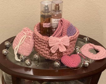 Crochet Storage Basket with Bow: 8" Hand-Crocheted Organizer